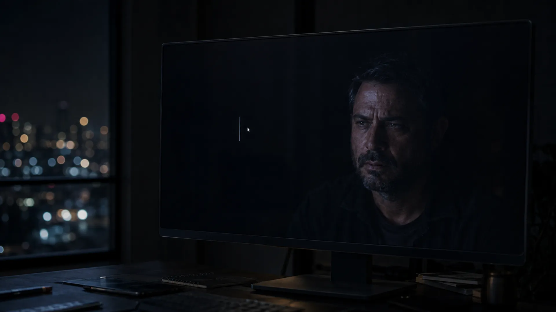 Hugo Vidal diante da tela do computador, seu reflexo confundido com a máquina